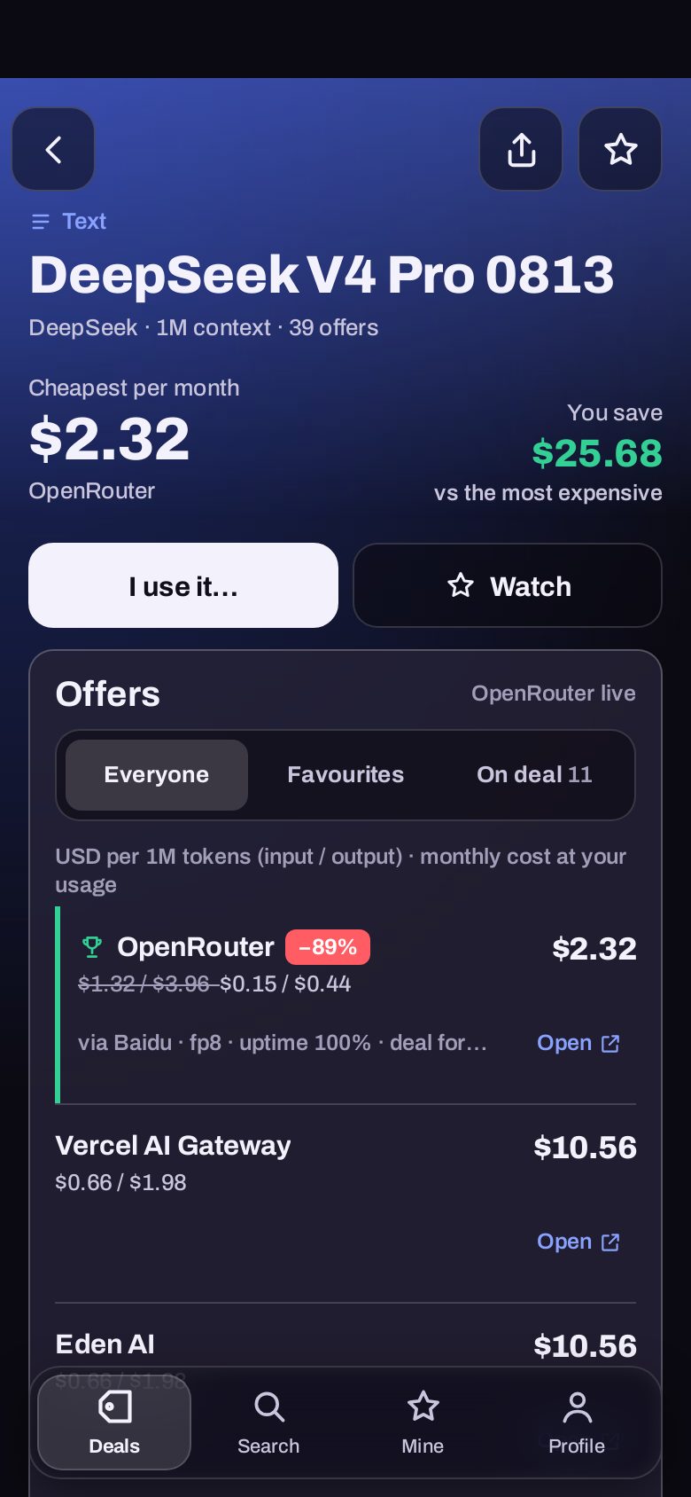 Model card with the cheapest price and the list of offers